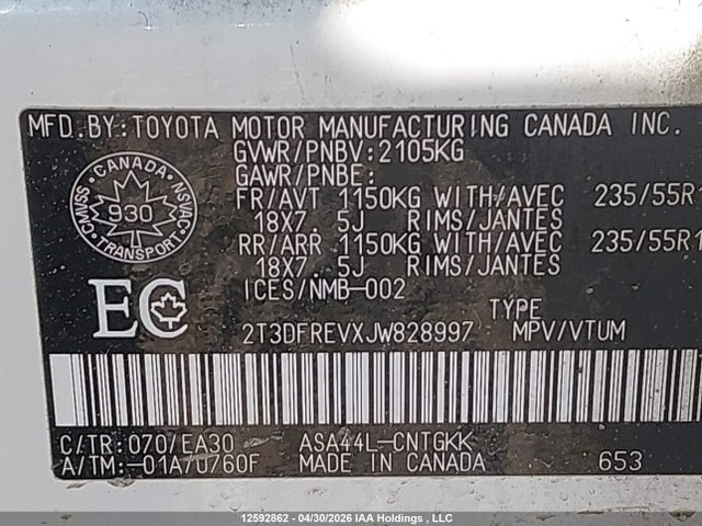 2018 Toyota Rav4 მანქანა იყიდება აუქციონზე, vin: 2T3DFREVXJW828997, აუქციონის ნომერი: 12592862