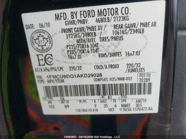 2010 Ford Escape მანქანა იყიდება აუქციონზე, vin: 1FMCU9DG1AKD29028, აუქციონის ნომერი: 12592863