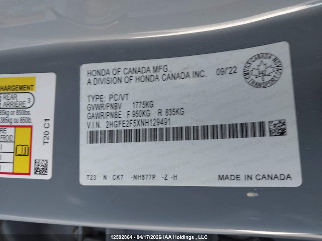 2022 Honda Civic მანქანა იყიდება აუქციონზე, vin: 2HGFE2F5XNH129491, აუქციონის ნომერი: 12592864