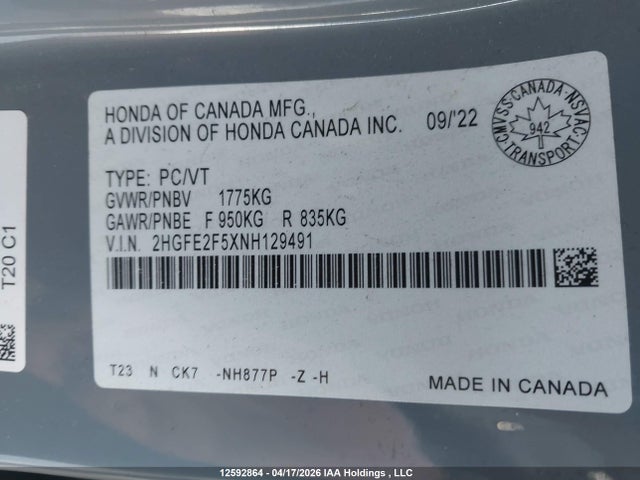 2022 Honda Civic მანქანა იყიდება აუქციონზე, vin: 2HGFE2F5XNH129491, აუქციონის ნომერი: 12592864