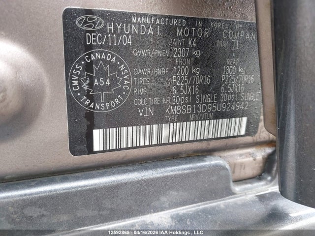 Auction sale of the 2005 Hyundai Santa Fe, vin: KM8SB13D95U924942, lot number: 12592865