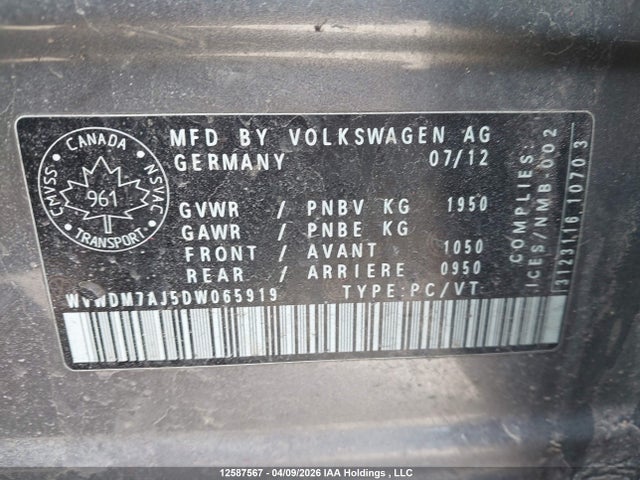 12587567 :رقم المزاد ، WVWDM7AJ5DW065919 vin ، 2013 Volkswagen Golf 2.0 Tdi Comfortline/2.0 Tdi Highline/wolfsburg Edition 2.0 Tdi مزاد بيع