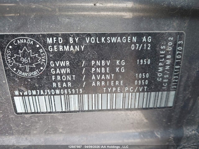 12587567 :رقم المزاد ، WVWDM7AJ5DW065919 vin ، 2013 Volkswagen Golf 2.0 Tdi Comfortline/2.0 Tdi Highline/wolfsburg Edition 2.0 Tdi مزاد بيع