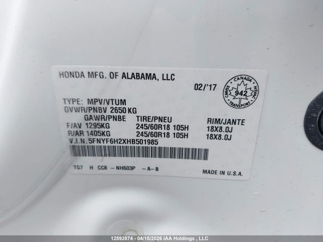 2017 Honda Pilot Lx მანქანა იყიდება აუქციონზე, vin: 5FNYF6H2XHB501985, აუქციონის ნომერი: 12592874