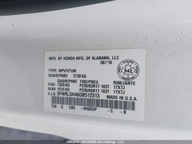 5FNRL5H46GB512313 Honda ODYSSEY EX