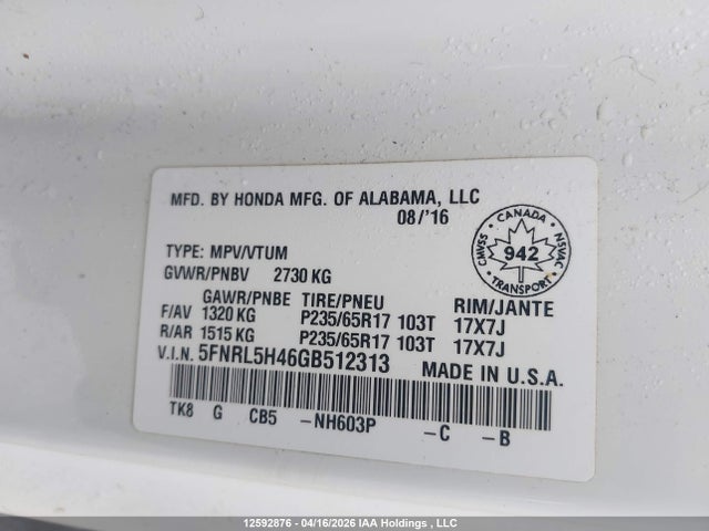 5FNRL5H46GB512313 Honda ODYSSEY EX