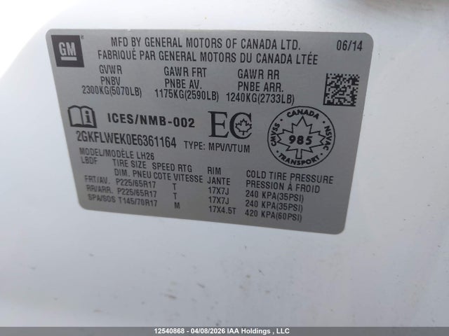 12540868 :رقم المزاد ، 2GKFLWEK0E6361164 vin ، 2014 Gmc Terrain Sle-2 مزاد بيع