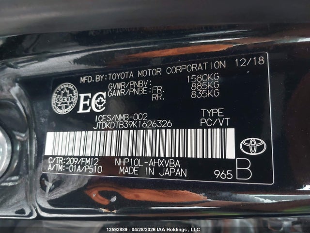JTDKDTB39K1626326 Toyota PRIUS C
