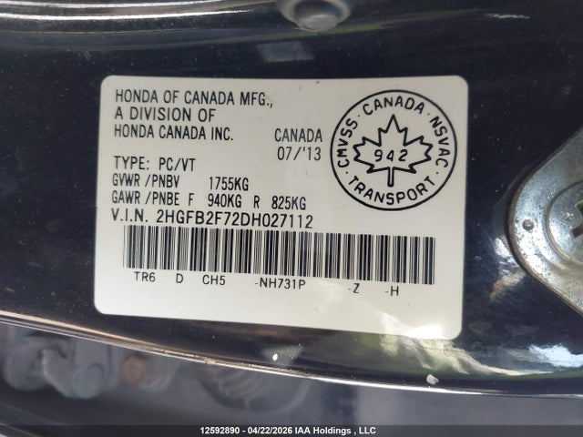 Aukcja sprzedaży 2013 Honda Civic Touring, vin: 2HGFB2F72DH027112, numer aukcji: 12592890