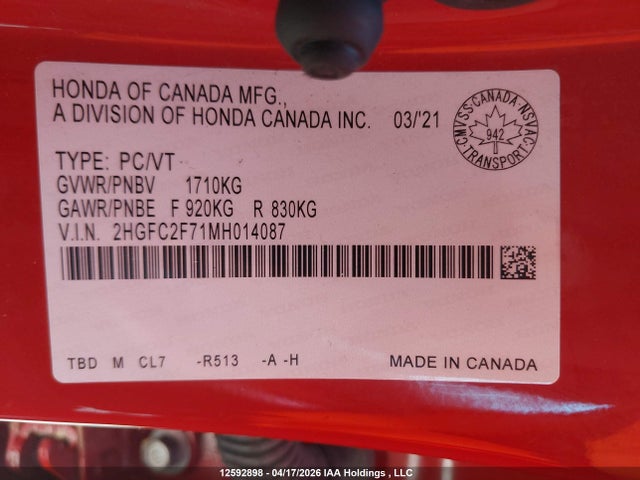 2021 Honda Civic Ex მანქანა იყიდება აუქციონზე, vin: 2HGFC2F71MH014087, აუქციონის ნომერი: 12592898