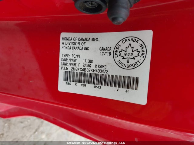 Honda Civic Lx 2019 2HGFC4B69KH400472 Image 18