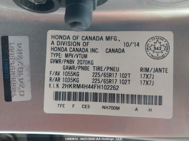 12592914 :رقم المزاد ، 2HKRM4H44FH102262 vin ، 2015 Honda Cr-v Se مزاد بيع