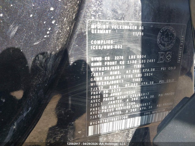 12592917 :رقم المزاد ، WVGNV7AX1HK017798 vin ، 2017 Volkswagen Tiguan Wolfsburg مزاد بيع
