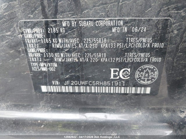 Aukcja sprzedaży 2024 Subaru Crosstrek Sport, vin: JF2GUHFC5RH851911, numer aukcji: 12592922