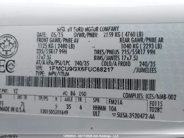 Продаж на аукціоні авто 2015 Ford Escape Se, vin: 1FMCU9GX6FUC68217, номер лоту: 12592934