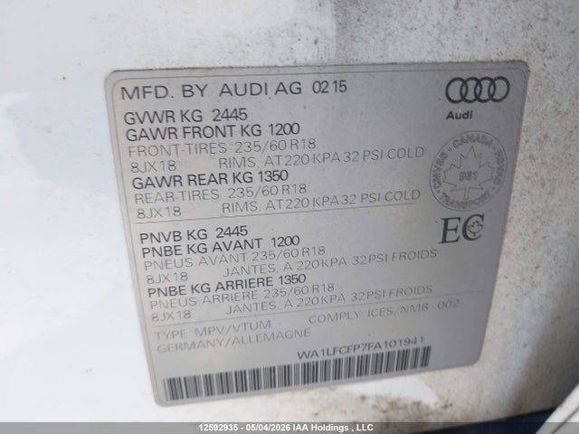 12592935 :رقم المزاد ، WA1LFCFP7FA101941 vin ، 2015 Audi Q5 2.0t Progressiv مزاد بيع