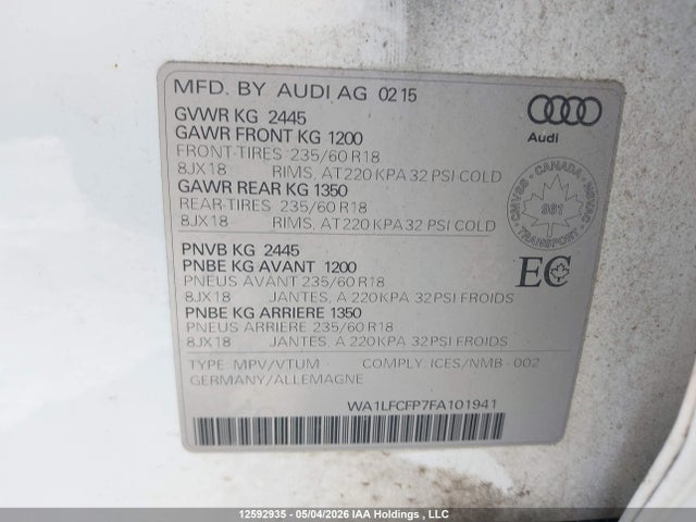 12592935 :رقم المزاد ، WA1LFCFP7FA101941 vin ، 2015 Audi Q5 2.0t Progressiv مزاد بيع