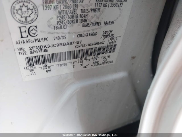 Продажа на аукционе авто 2011 Ford Edge Sel, vin: 2FMDK3JC9BBA87187, номер лота: 12592937