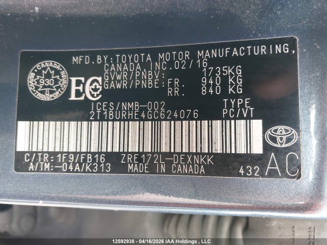2016 Toyota Corolla Le მანქანა იყიდება აუქციონზე, vin: 2T1BURHE4GC624076, აუქციონის ნომერი: 12592938