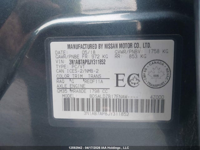 3N1AB7AP8JY311852 Nissan Sentra S/sv/sr/sl