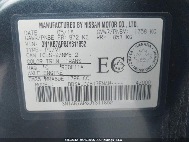 3N1AB7AP8JY311852 Nissan Sentra S/sv/sr/sl