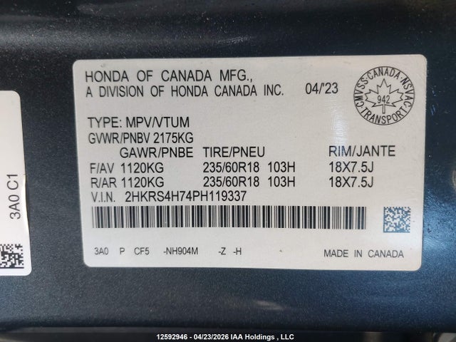 Продажа на аукционе авто 2023 Honda Cr-v Exl, vin: 2HKRS4H74PH119337, номер лота: 12592946