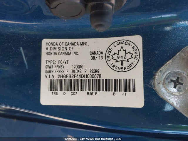 Aukcja sprzedaży 2013 Honda Civic Lx, vin: 2HGFB2F44DH030678, numer aukcji: 12592947