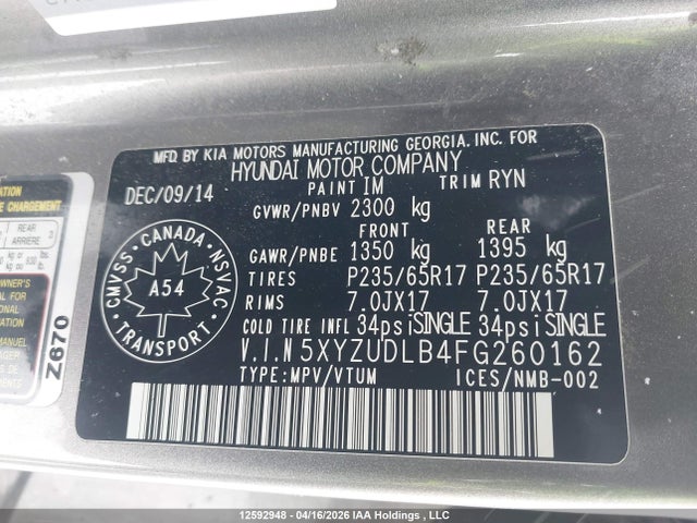 5XYZUDLB4FG260162 Hyundai SANTA FE SPORT