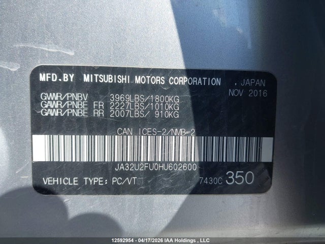 JA32U2FU0HU602600 Mitsubishi Lancer Es/se Anniversary Edition/se Black Edition/se Ltd
