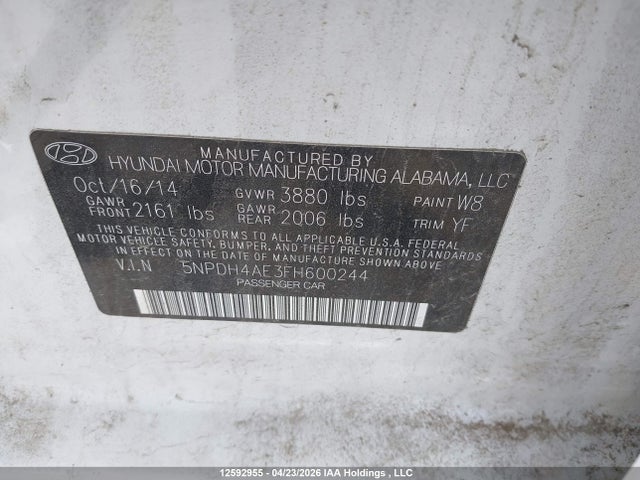 2015 Hyundai Elantra Limited მანქანა იყიდება აუქციონზე, vin: 5NPDH4AE3FH600244, აუქციონის ნომერი: 12592955