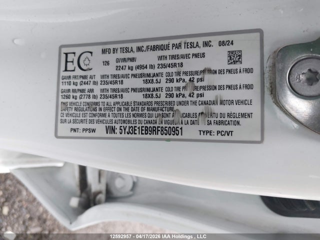 Aukcja sprzedaży 2024 Tesla Model 3, vin: 5YJ3E1EB9RF850951, numer aukcji: 12592957