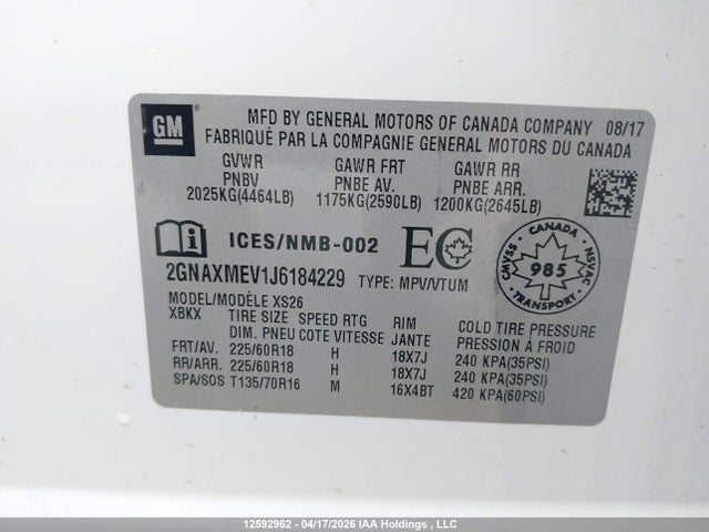 Aukcja sprzedaży 2018 Chevrolet Equinox Premier, vin: 2GNAXMEV1J6184229, numer aukcji: 12592962