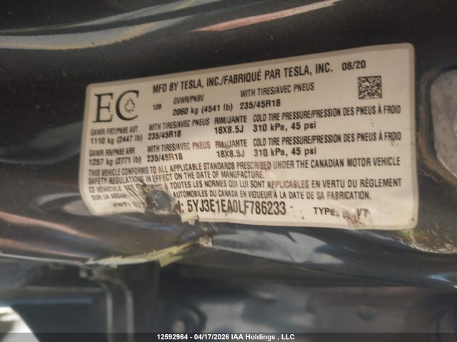 5YJ3E1EA0LF786233 Tesla Model 3 Standard Range Plus