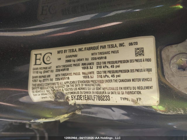 5YJ3E1EA0LF786233 Tesla Model 3 Standard Range Plus