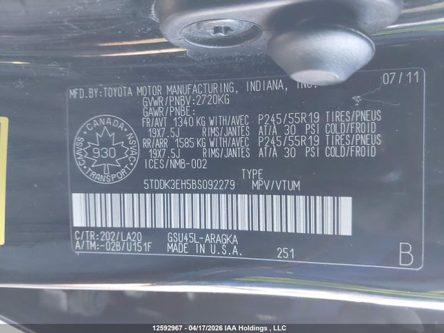 12592967 :رقم المزاد ، 5TDDK3EH5BS092279 vin ، 2011 Toyota Highlander Limited مزاد بيع
