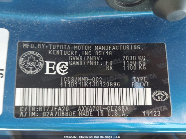 4T1B11HK1JU120896 Toyota Camry L/le/xle/se/xse