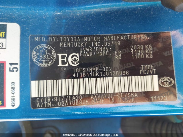 4T1B11HK1JU120896 Toyota Camry L/le/xle/se/xse