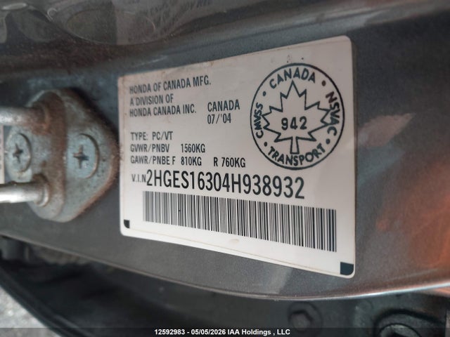 2004 Honda Civic Dx Vp მანქანა იყიდება აუქციონზე, vin: 2HGES16304H938932, აუქციონის ნომერი: 12592983