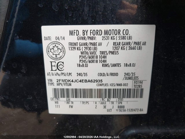Продажа на аукционе авто 2014 Ford Edge Sel, vin: 2FMDK4JC4EBA62935, номер лота: 12592994