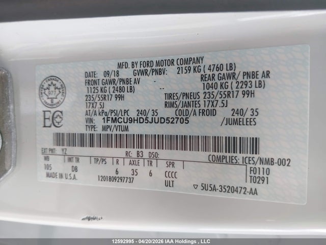 Продаж на аукціоні авто 2018 Ford Escape Sel, vin: 1FMCU9HD5JUD52705, номер лоту: 12592995