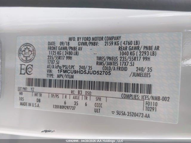 Продаж на аукціоні авто 2018 Ford Escape Sel, vin: 1FMCU9HD5JUD52705, номер лоту: 12592995
