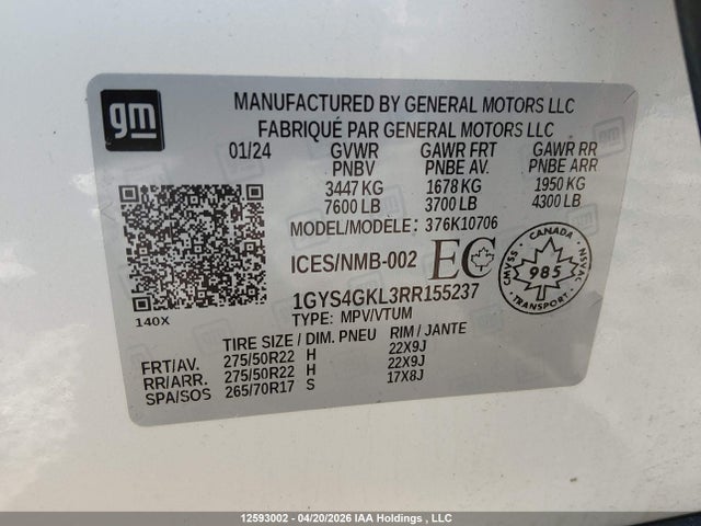 2024 Cadillac Escalade მანქანა იყიდება აუქციონზე, vin: 1GYS4GKL3RR155237, აუქციონის ნომერი: 12593002