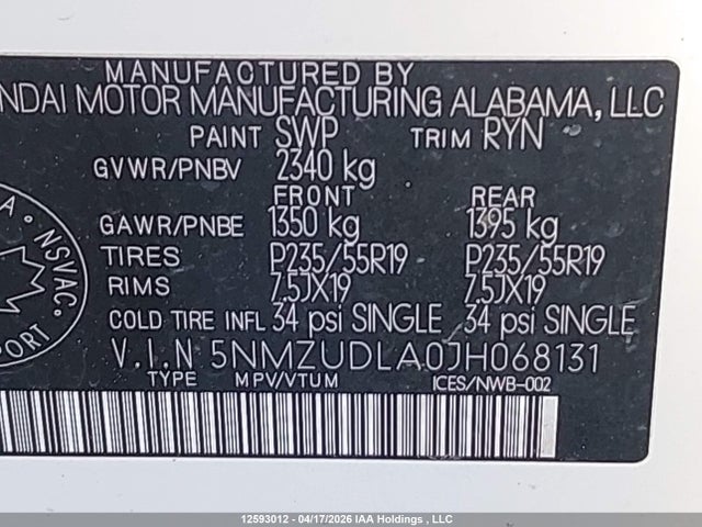 5NMZUDLA0JH068131 Hyundai SANTA FE SPORT