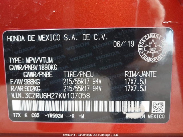 3CZRU6H27KM107058 Honda HR-V SPORT