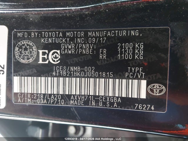2018 Toyota Camry მანქანა იყიდება აუქციონზე, vin: 4T1B21HK0JU501815, აუქციონის ნომერი: 12593019