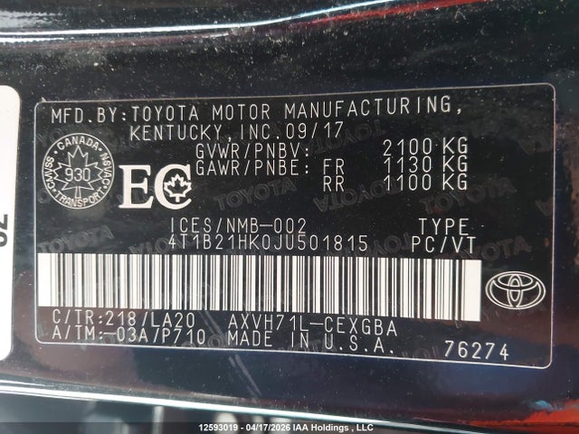 2018 Toyota Camry მანქანა იყიდება აუქციონზე, vin: 4T1B21HK0JU501815, აუქციონის ნომერი: 12593019