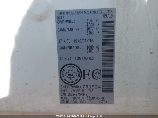 5N1AT2MV0LC731524 Nissan Rogue S/sl/sv