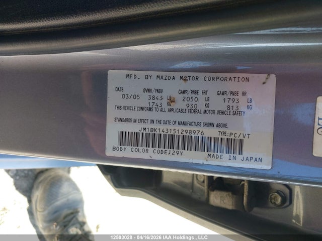 Aukcja sprzedaży 2005 Mazda 3 Hatchback, vin: JM1BK143151298976, numer aukcji: 12593028