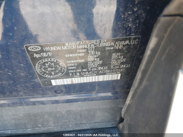 2019 Hyundai Santa Fe Essential მანქანა იყიდება აუქციონზე, vin: 5NMS2CAD8KH111341, აუქციონის ნომერი: 12593031