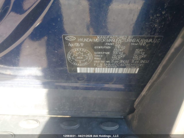 2019 Hyundai Santa Fe Essential მანქანა იყიდება აუქციონზე, vin: 5NMS2CAD8KH111341, აუქციონის ნომერი: 12593031